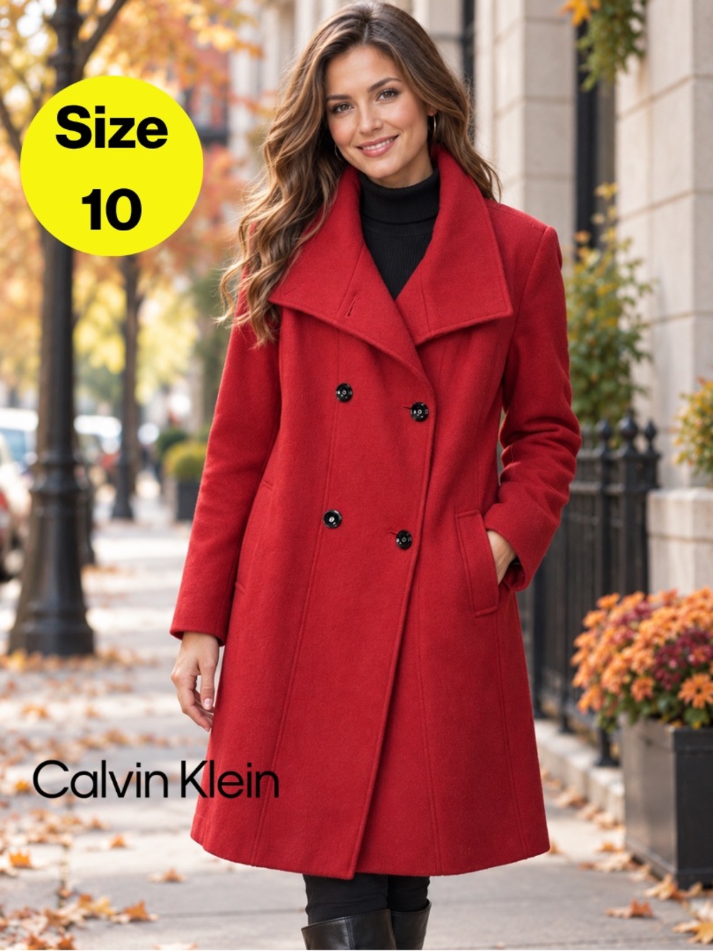 CALVIN KLEIN ❤️ Crimson Red Double-Breasted Wool Pea Coat (Women’s 10) Like NEW